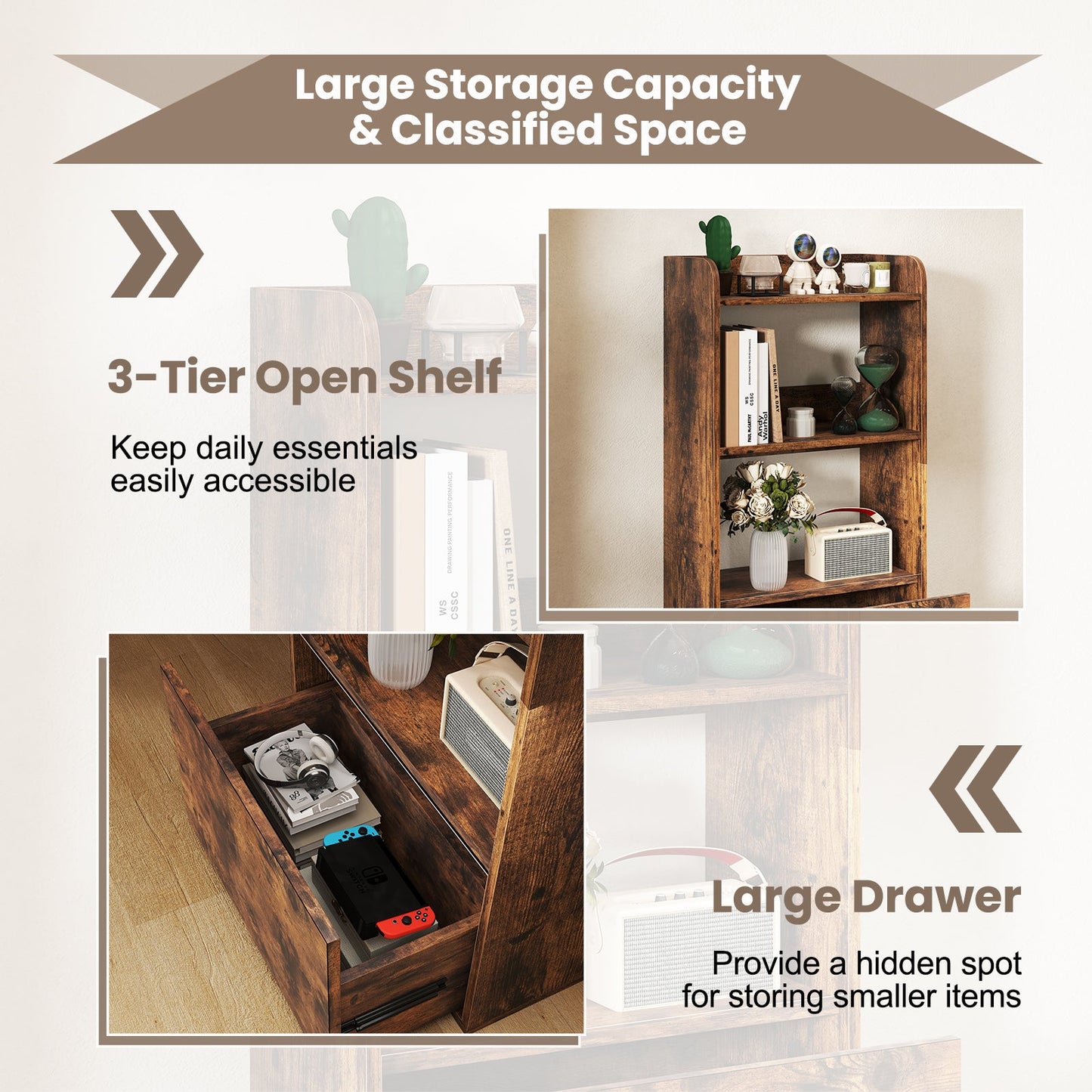 Freestanding Bookshelf with 3-Tier Open Shelf