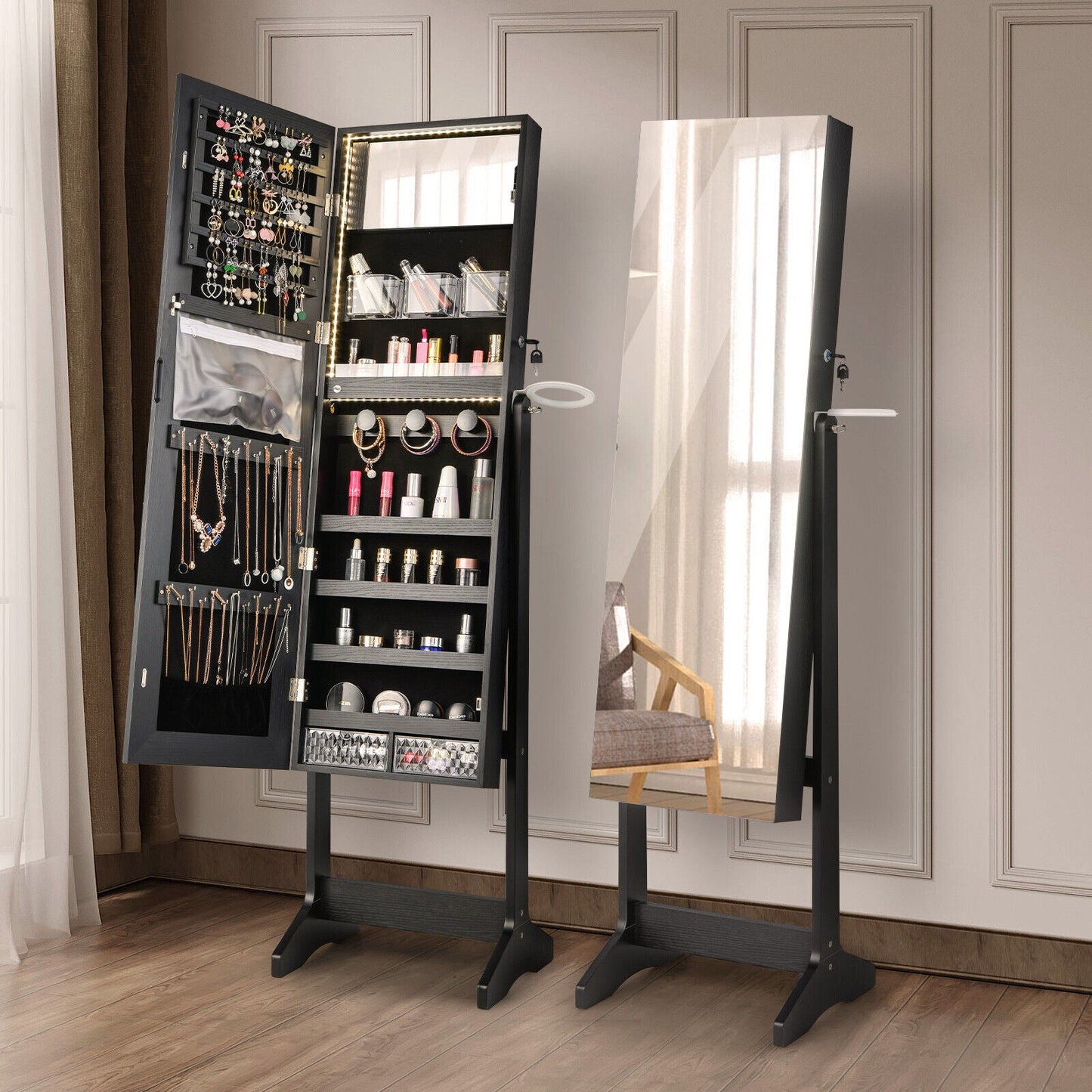 Freestanding Jewelry Cabinet with Full Length HD Mirror