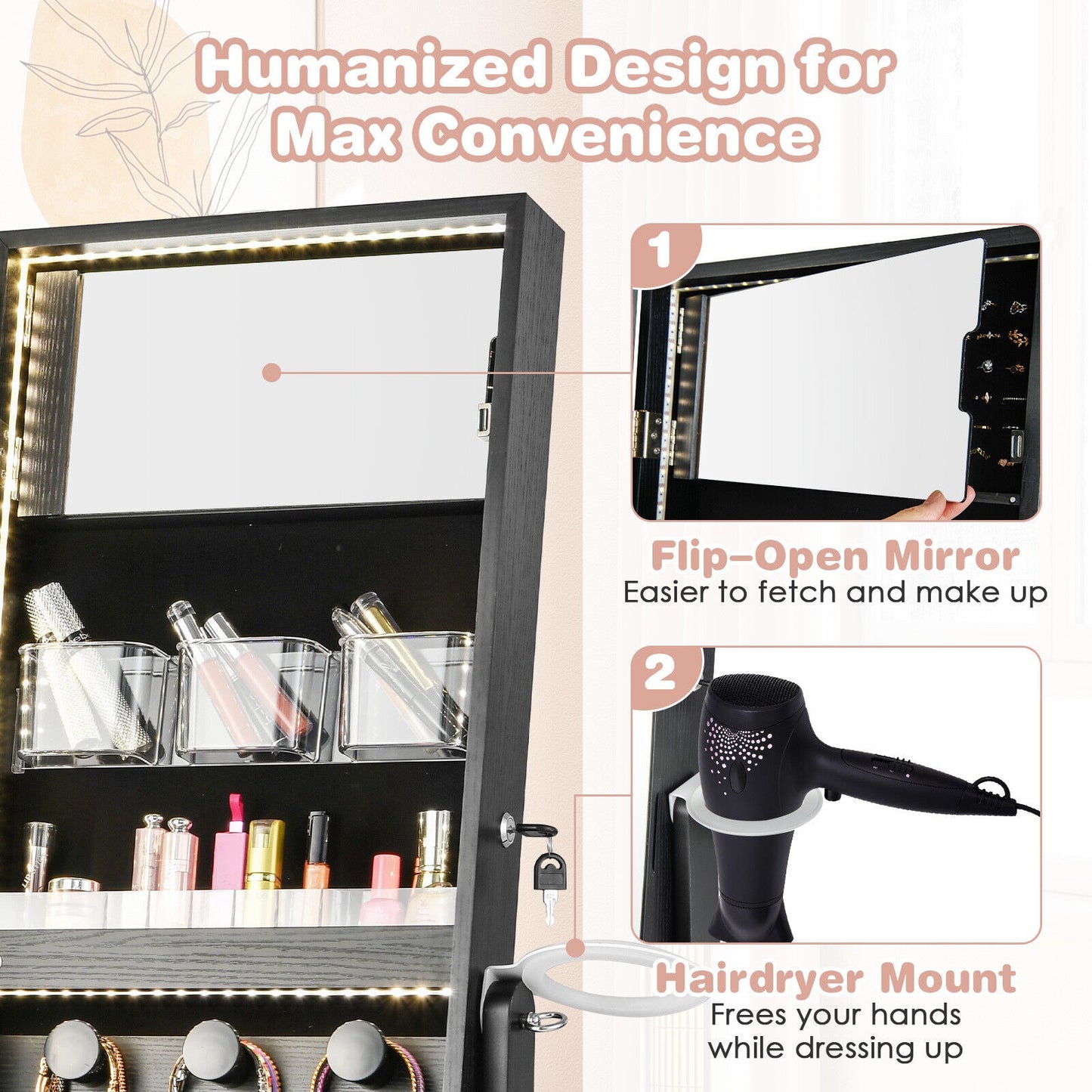Freestanding Jewelry Cabinet with Full Length HD Mirror