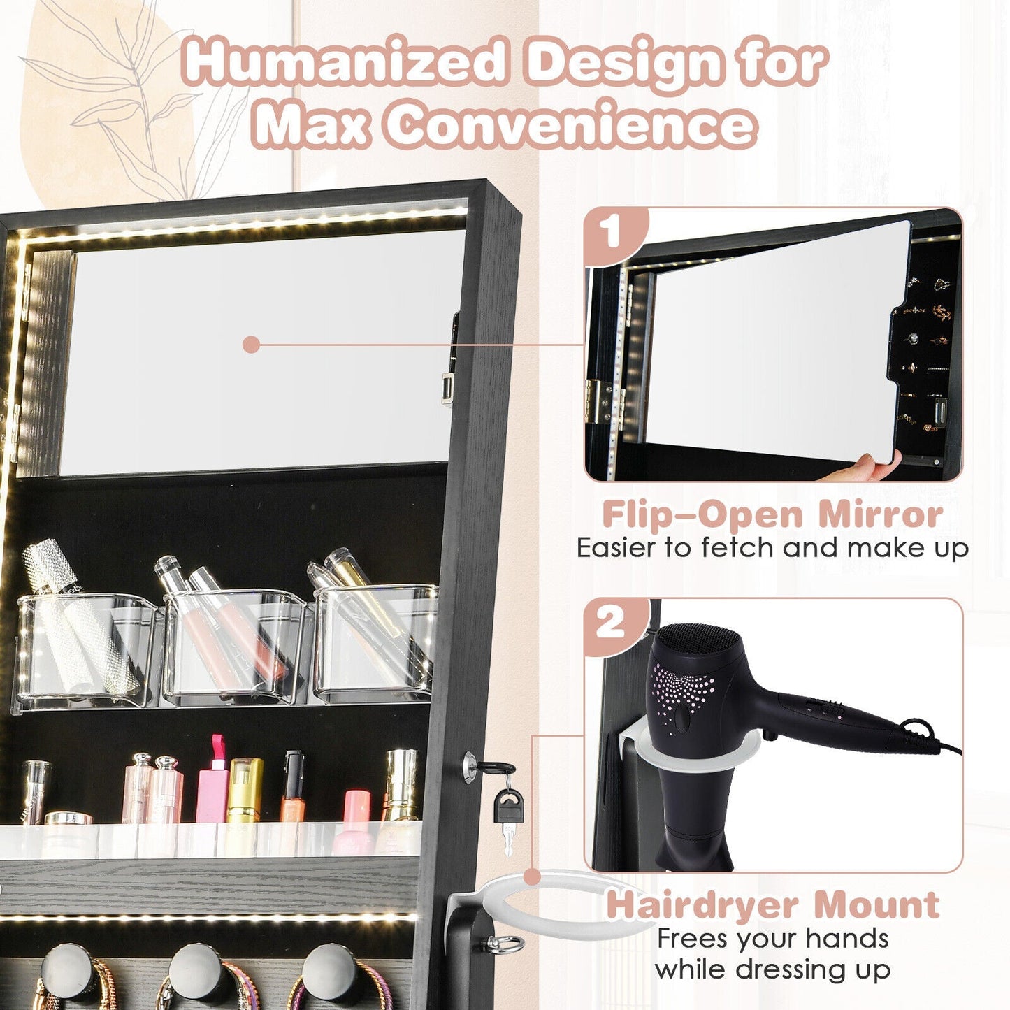Freestanding Jewelry Cabinet with Full Length HD Mirror