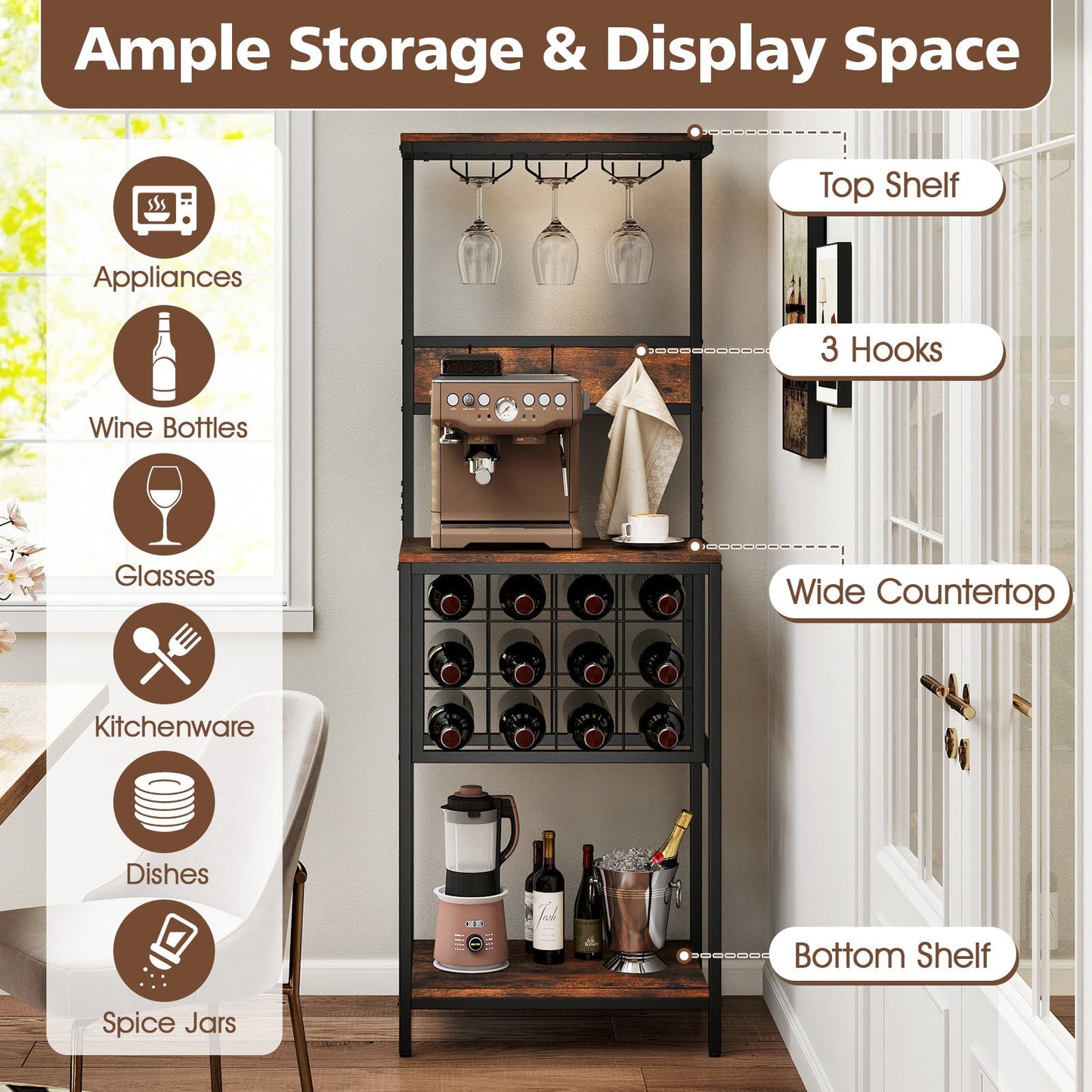 Freestanding Wine Rack Floor Wine Bar Cabinet with Glass Racks-Rustic Brown
