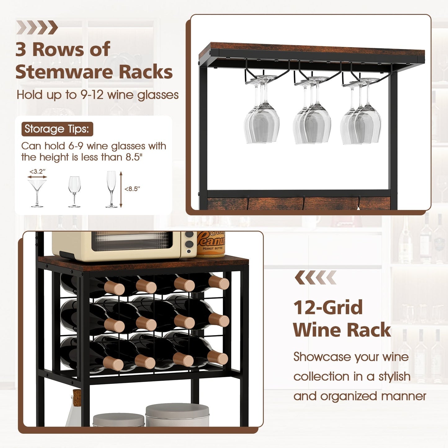 Freestanding Wine Rack Floor Wine Bar Cabinet with Glass Racks-Rustic Brown
