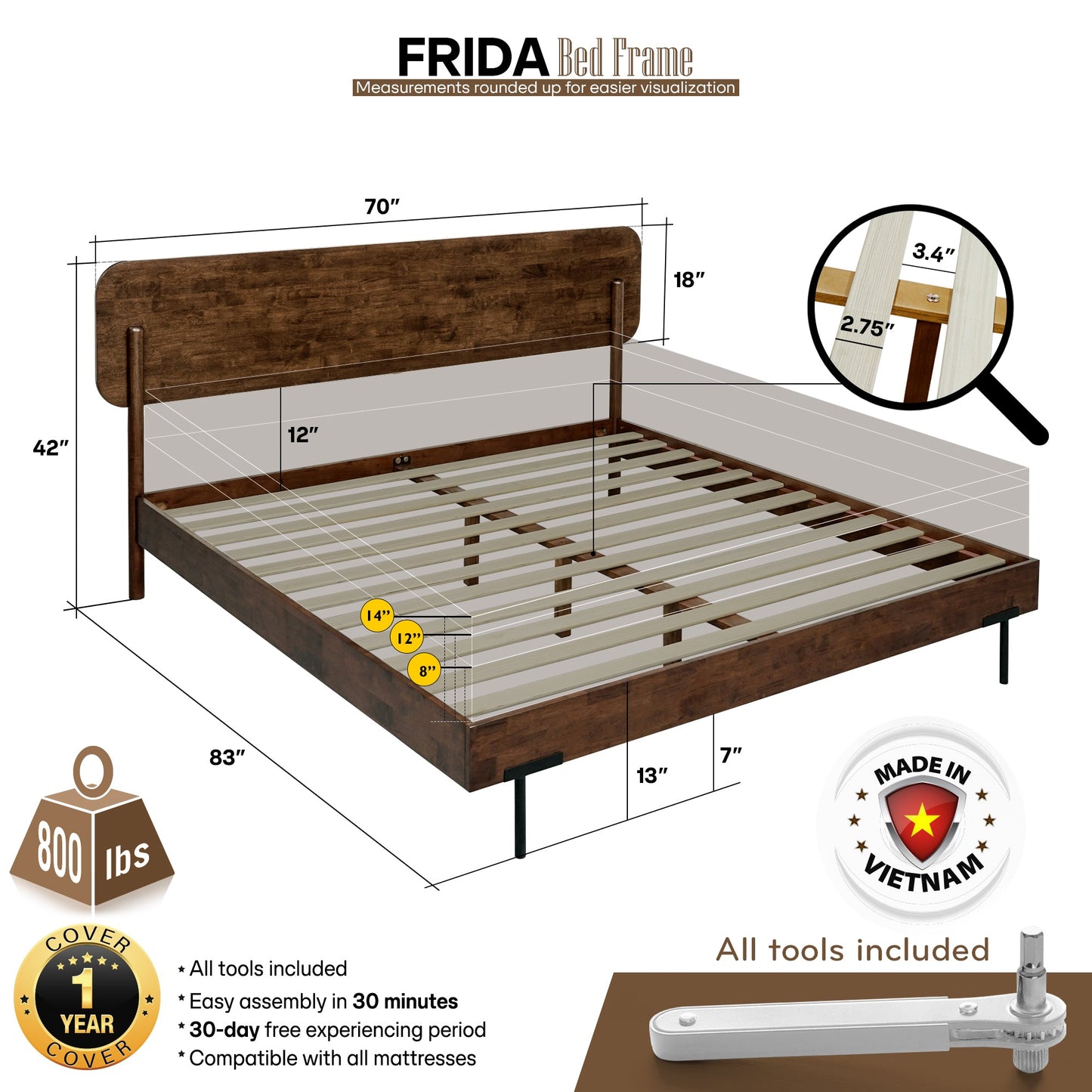 Frida Solid Wood Bed Frame