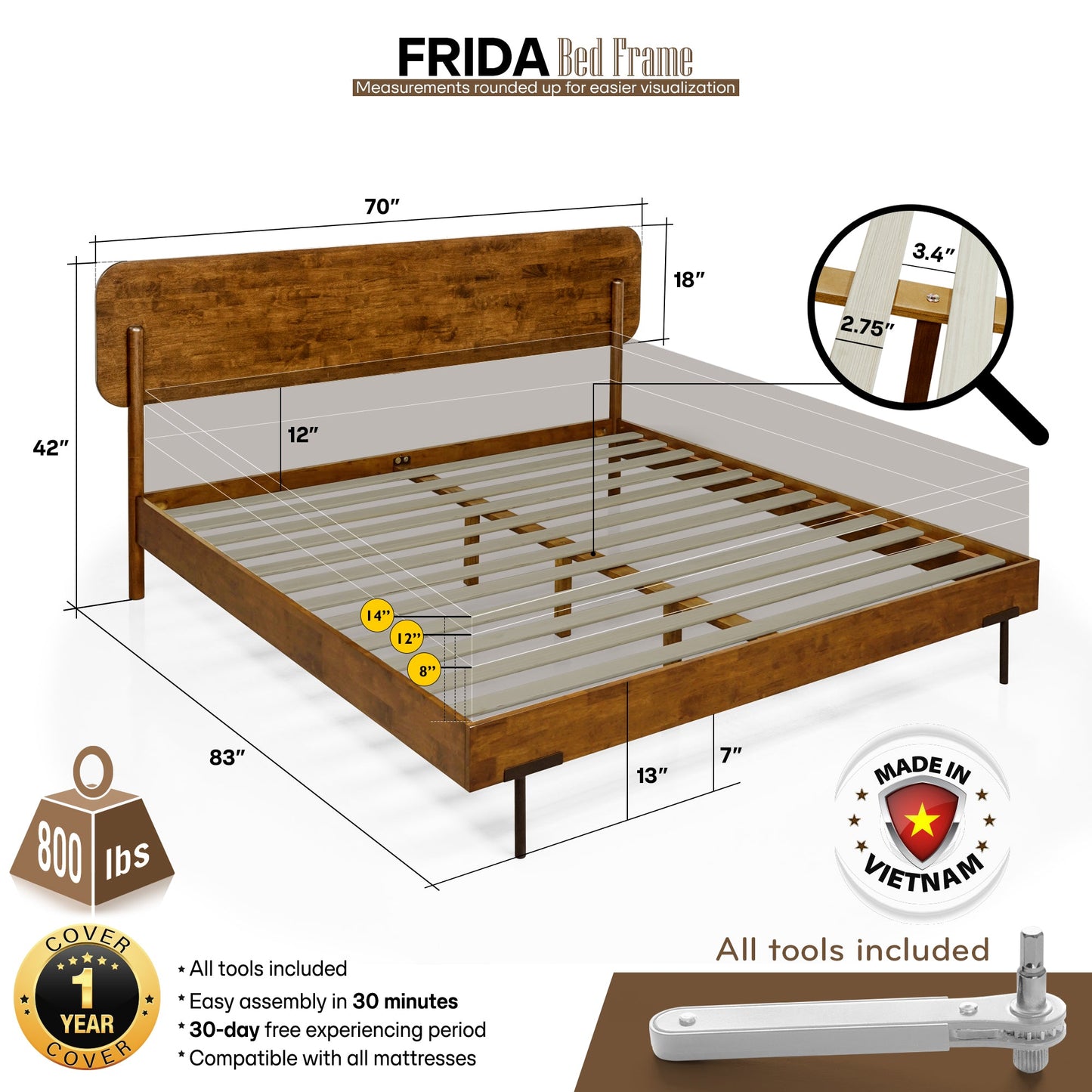Frida Solid Wood Bed Frame