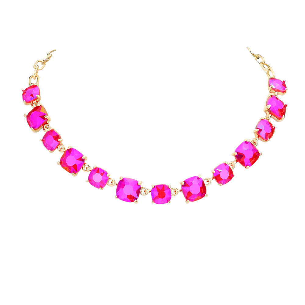 Women's Cushion Square Stone Link Evening Necklace