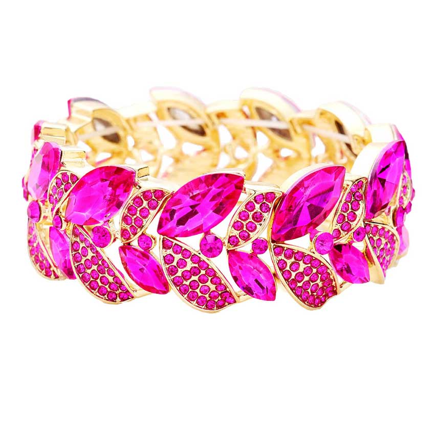 Rhinestone Pave Marquise Stone Leaf Stretch Evening Bracelet