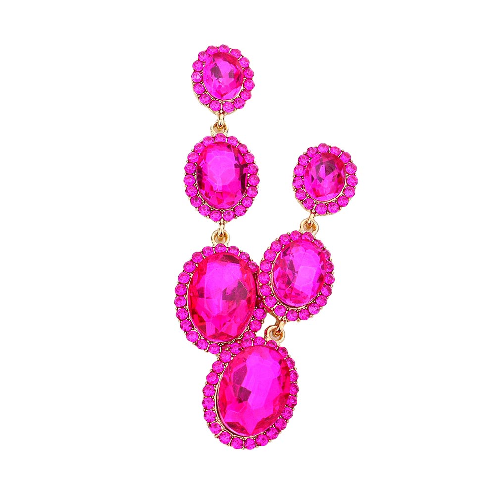 Triple Oval Glass Stone Drop Down Dangle Evening Earrings
