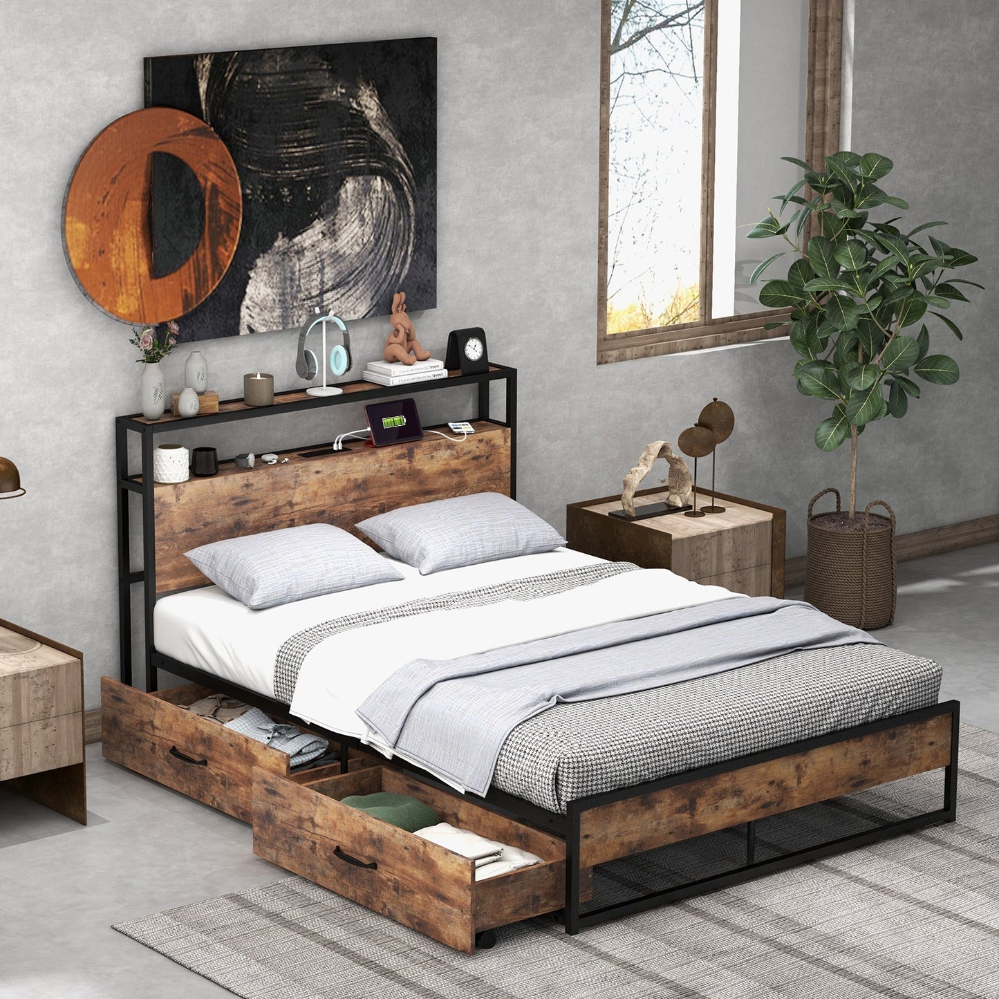 Full/Queen Bed Frame with 2-Tier Storage Headboard and Charging Station