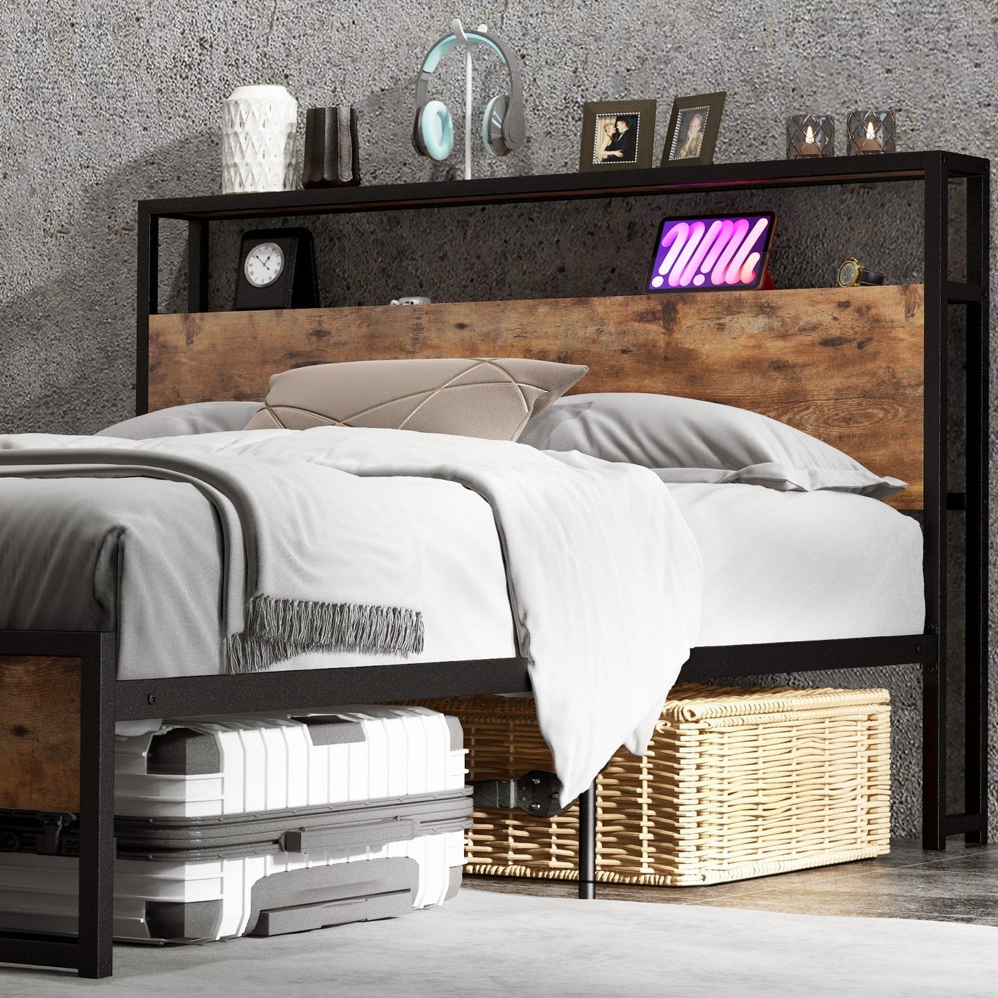 Full/Queen Bed Frame with 2-Tier Storage Headboard and Charging Station
