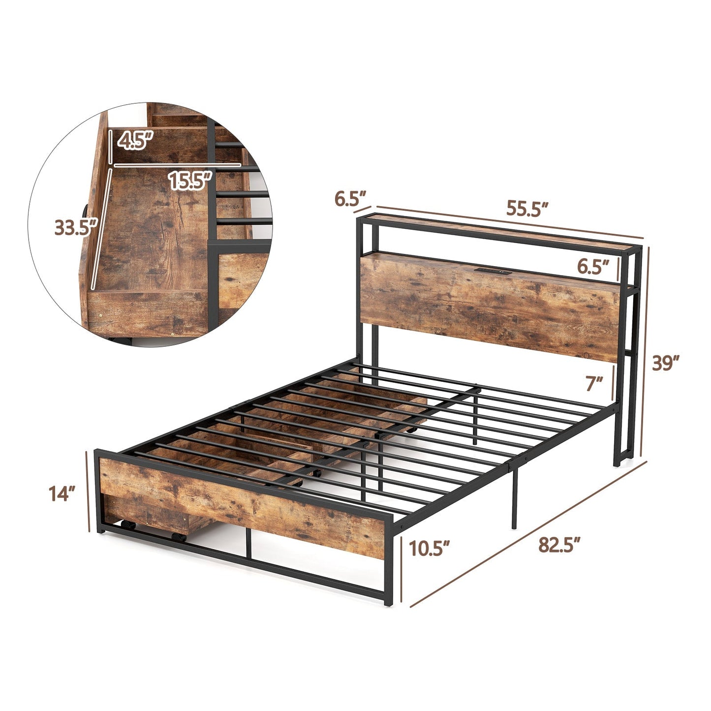 Full/Queen Bed Frame with 2-Tier Storage Headboard and Charging Station