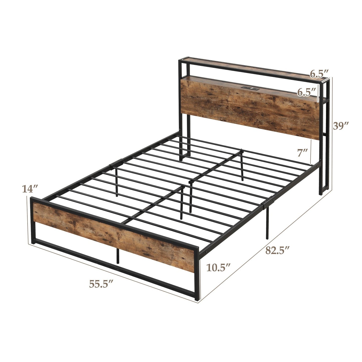 Full/Queen Bed Frame with 2-Tier Storage Headboard and Charging Station