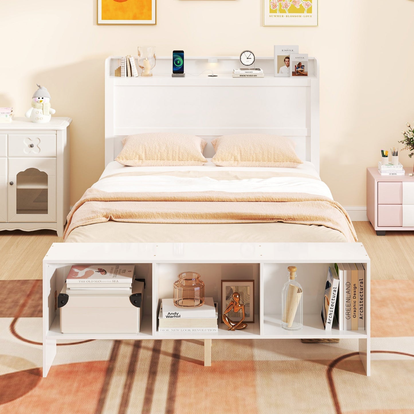 Full Size Bed Frame with 2 USB Ports with Storage Headboard and Lights