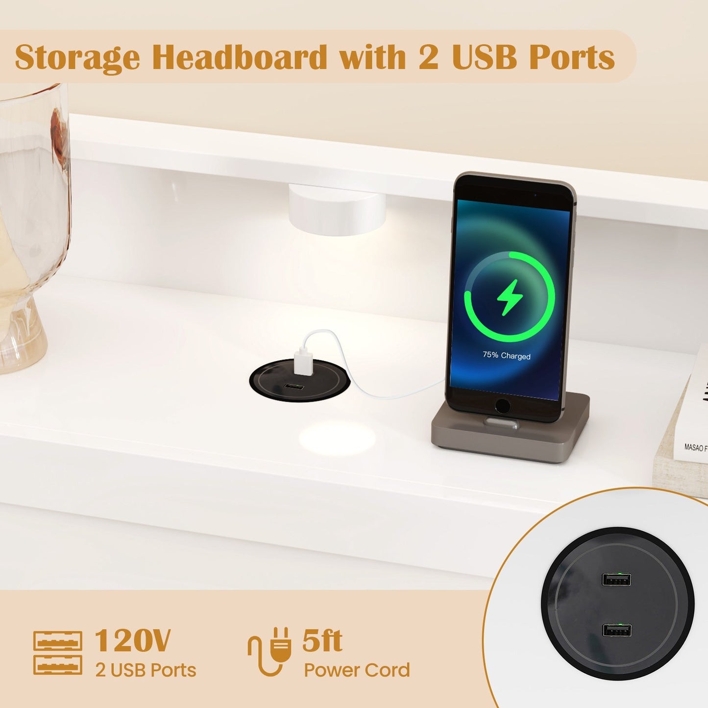 Full Size Bed Frame with 2 USB Ports with Storage Headboard and Lights