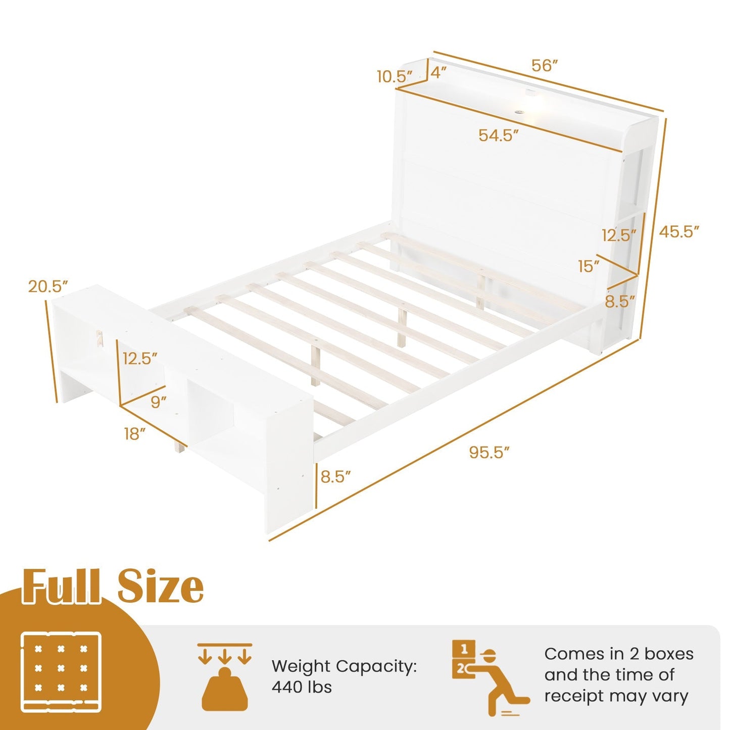 Full Size Bed Frame with 2 USB Ports with Storage Headboard and Lights