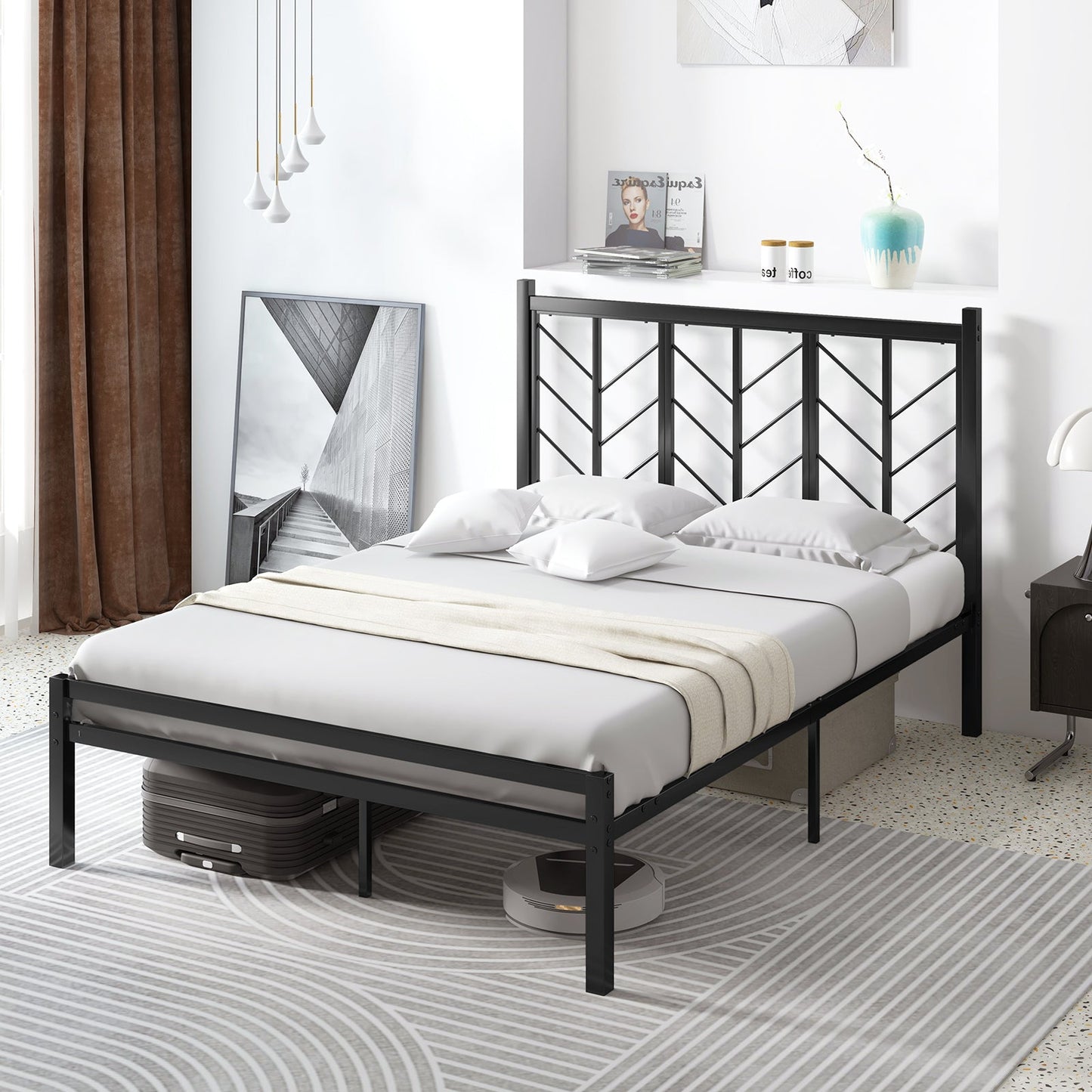 Queen Size Platform Bed with Headboard and Metal Frame