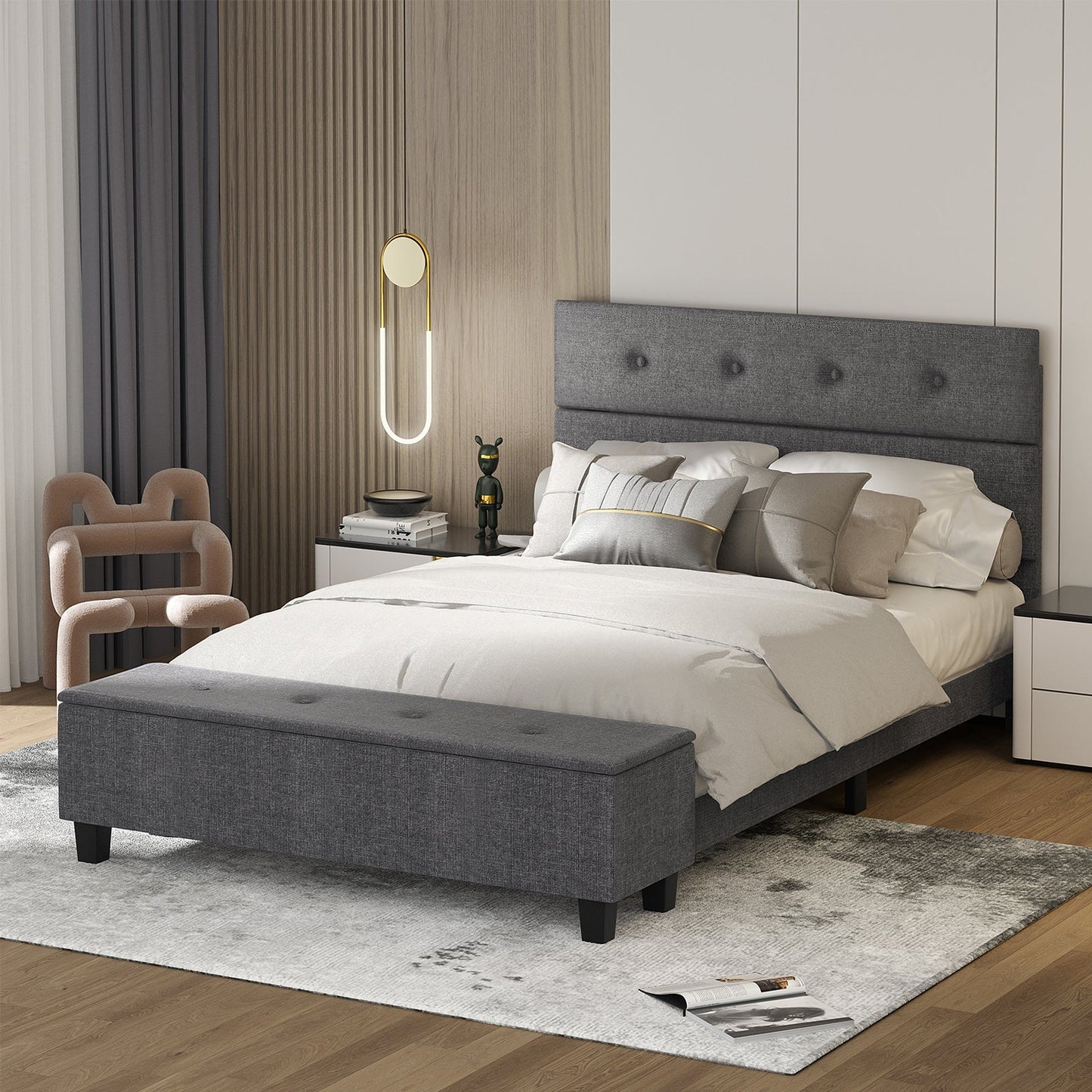Full/Queen/Twin Upholstered Bed Frame with Ottoman Storage