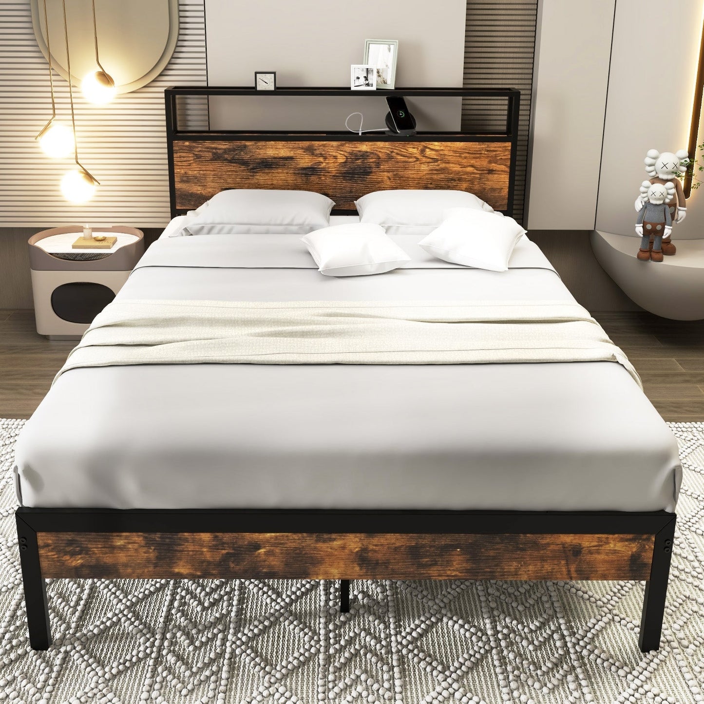 Twin/Full/Queen Bed Frame with Storage Headboard and Charging Station