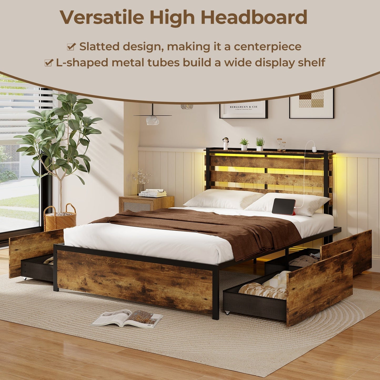 Full/Queen/Twin Size Bed Frame with Drawers LED Lights and USB Ports