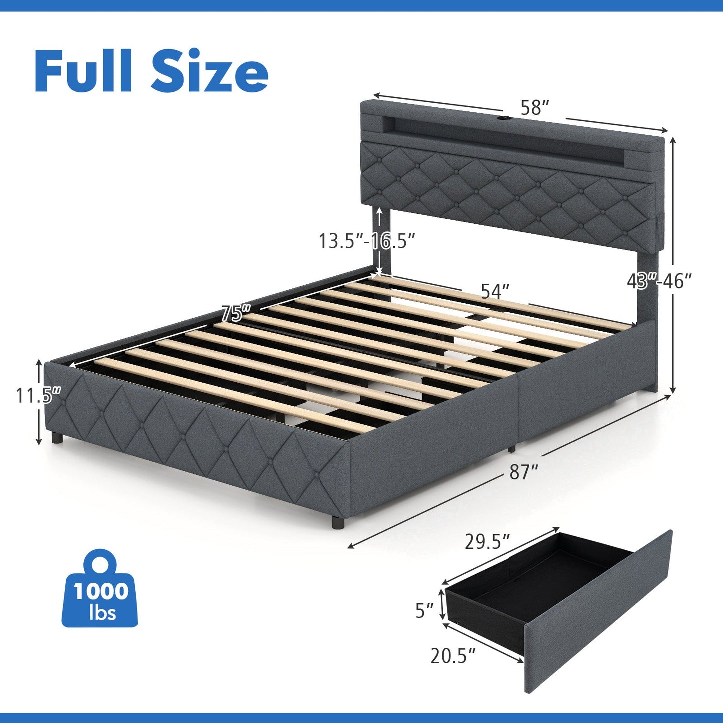 Full/Queen Size Bed Frame with Adjustable Storage Headboard and Wooden Slat Support
