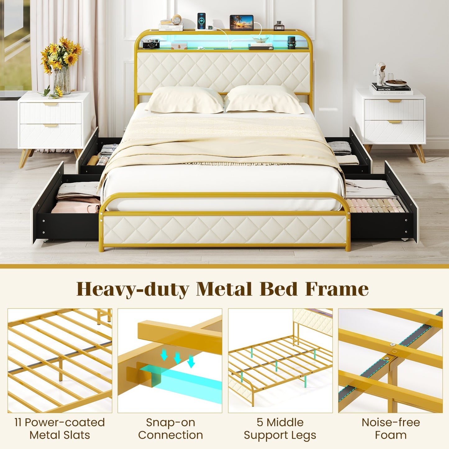 Twin/Full/Queen Size Bed Frame with LED Lights and Charging Station Gold