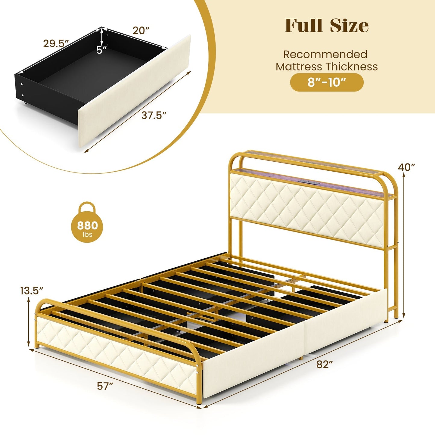 Twin/Full/Queen Size Bed Frame with LED Lights and Charging Station Gold