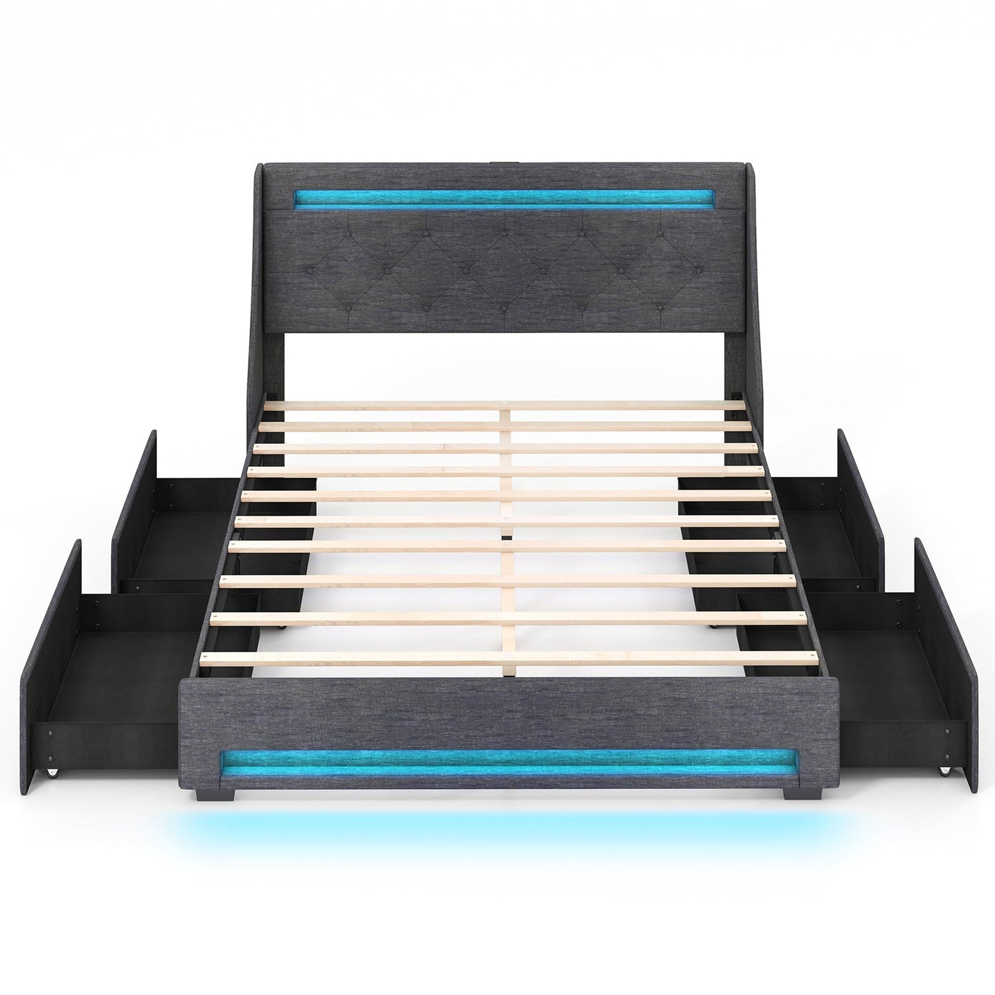 Full Size Bed Frame with LED Lights Wingback Headboard and Charging Station-Grey