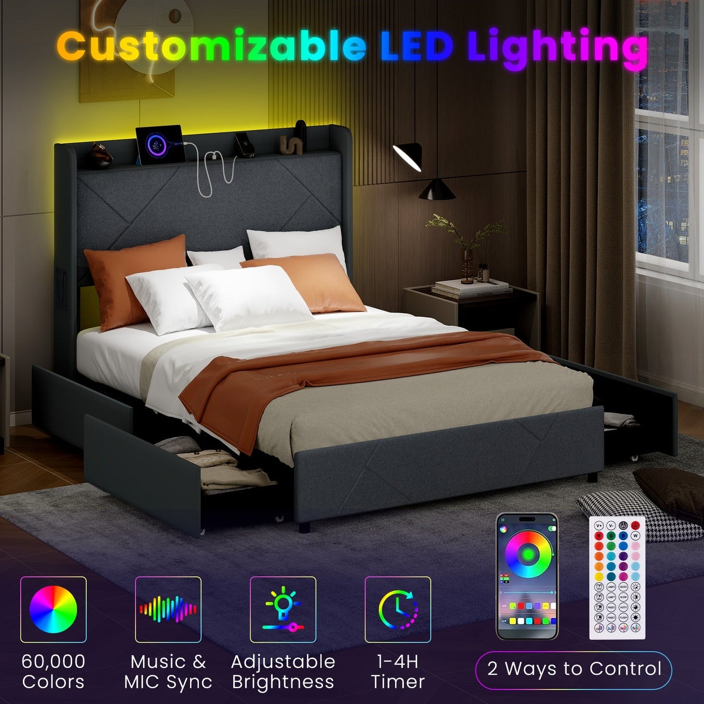 Full/Queen Size Bed Frame with LED Lights and Charging Station