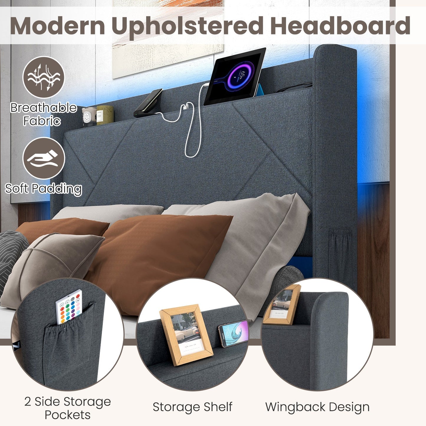 Full/Queen Size Bed Frame with LED Lights and Charging Station