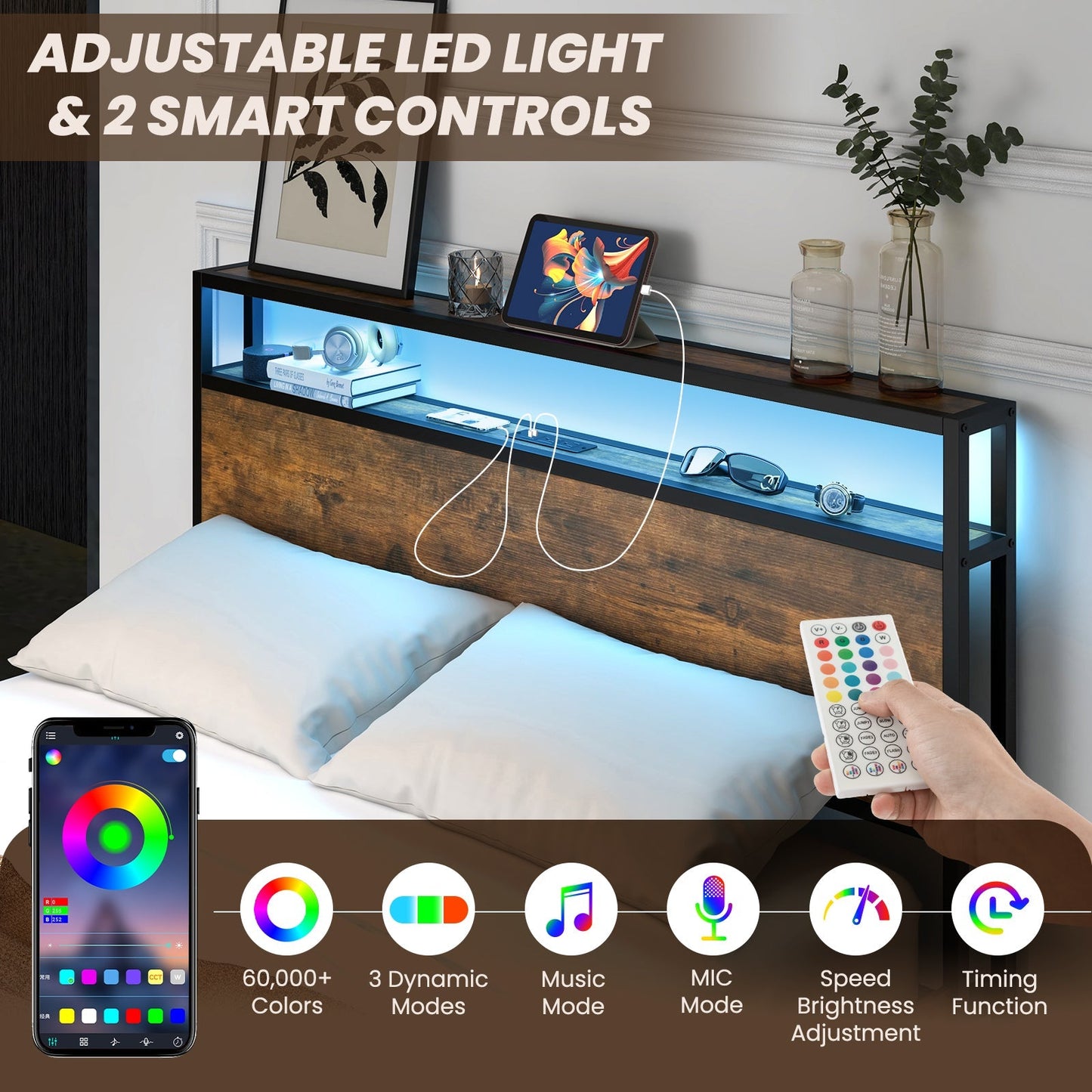 Full/Queen Size Bed Frame with Smart LED Lights and Storage Drawers