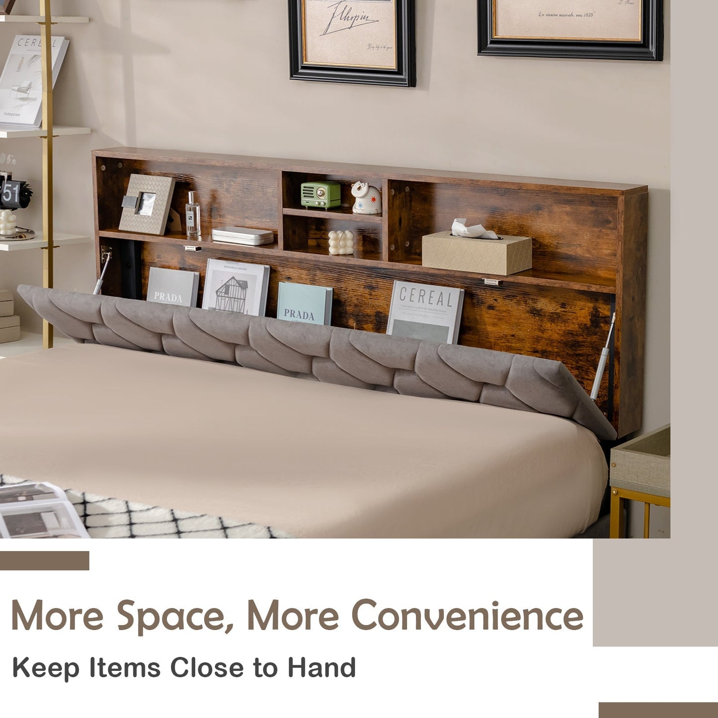 Full/Queen Size Upholstered Bed Frame with Storage Headboard