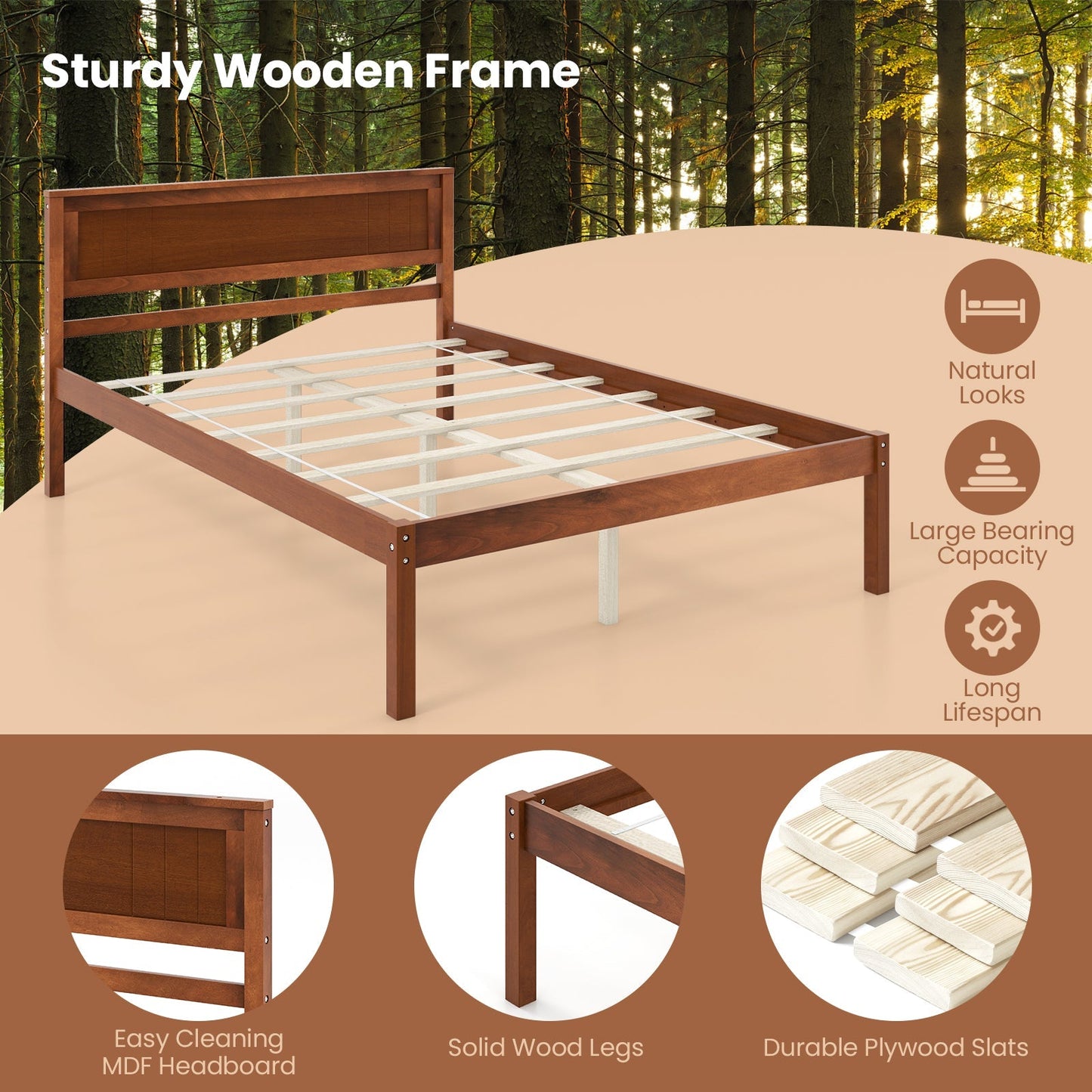 Twin/Full/Queen Size Bed Frame with Wooden Headboard and Slat Support