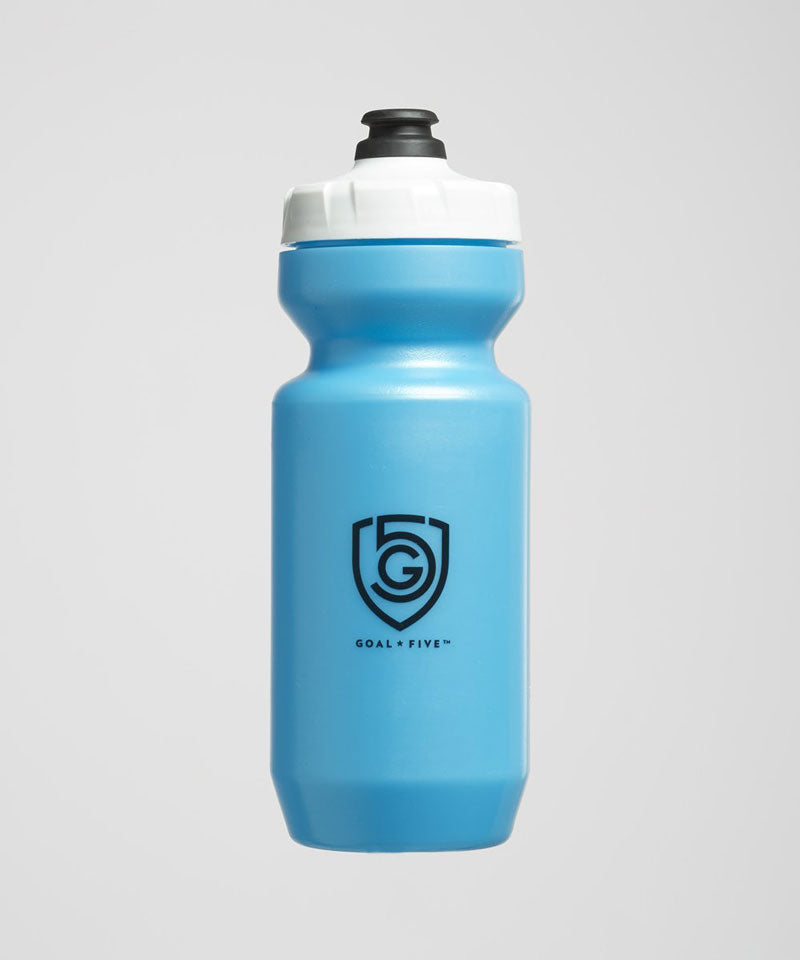 Blue water bottle with a black logo on a gray background