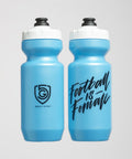 Two blue water bottles with different designs on a gray background