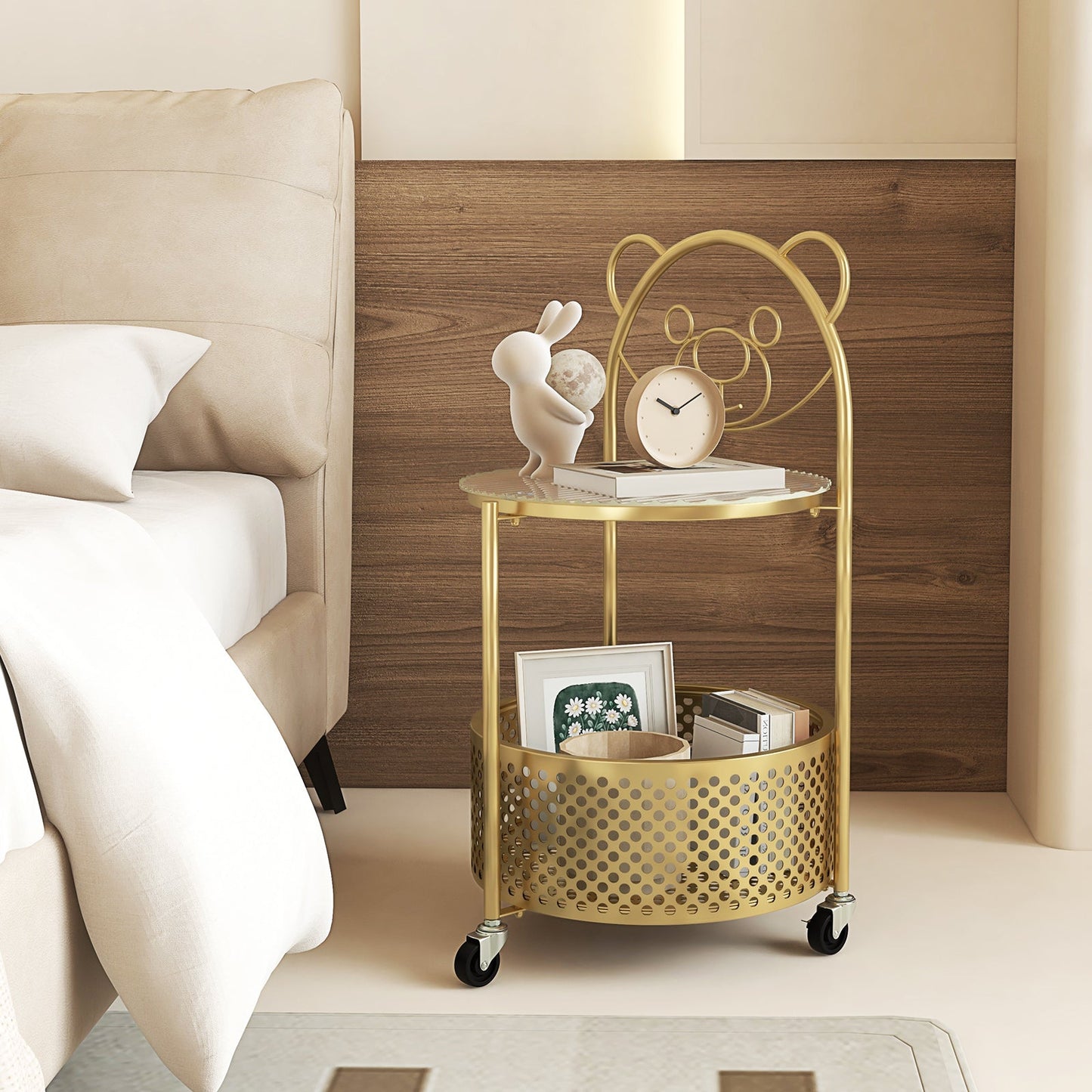 Modern Sofa Side Table on Lockable Wheels for Living Room Bedroom Study
