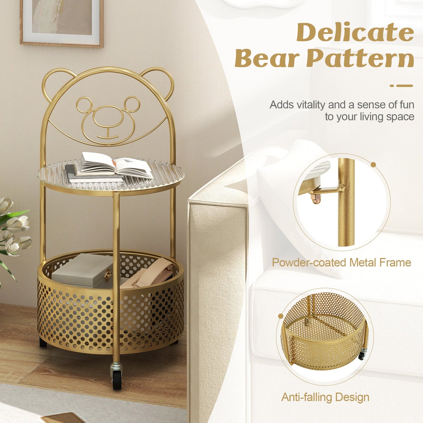 Modern Sofa Side Table on Lockable Wheels for Living Room Bedroom Study