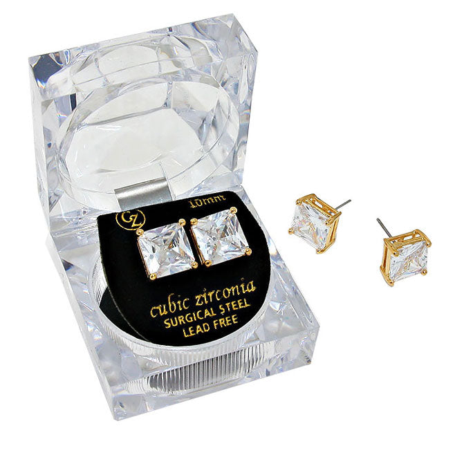 Women's 10mm Square Crystal Cubic Zirconia Stud Earrings in Clear Gift Box - Ready to