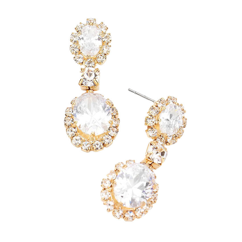 CZ Double Oval Accented Dangle Evening Earrings