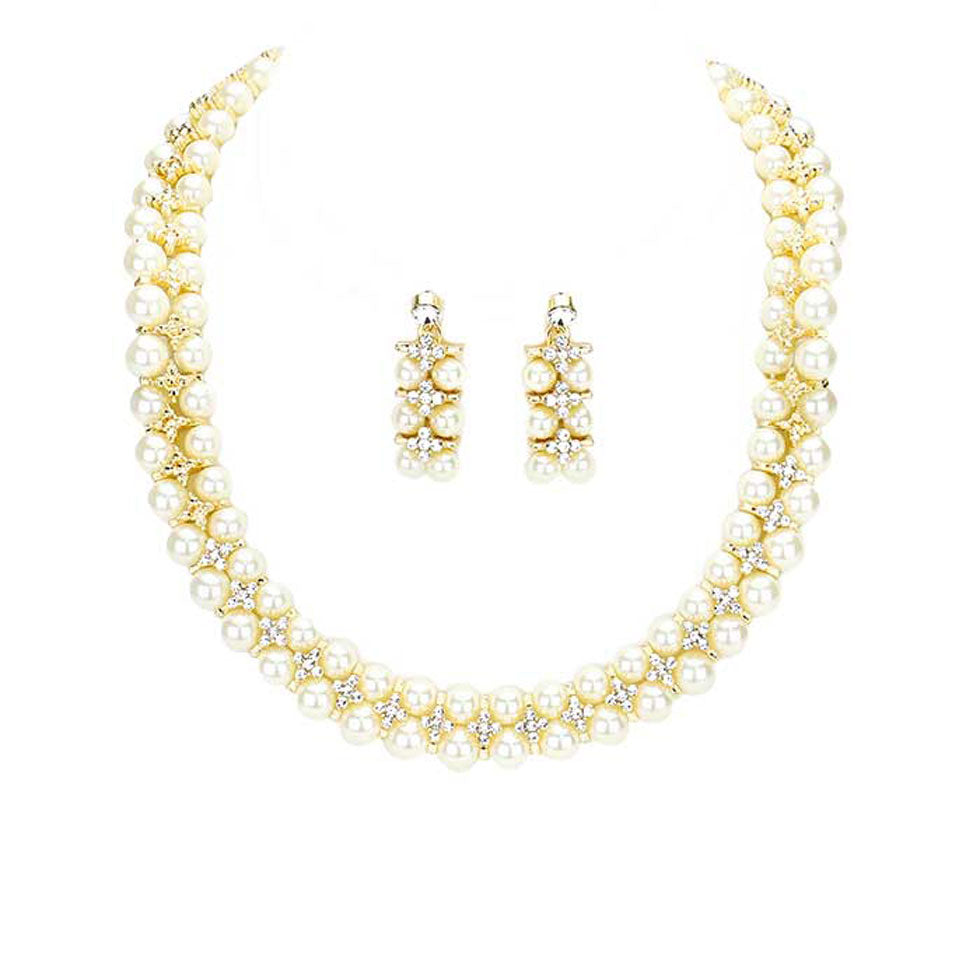 Crystal Rhinestone Pearl Cluster Bib Necklace