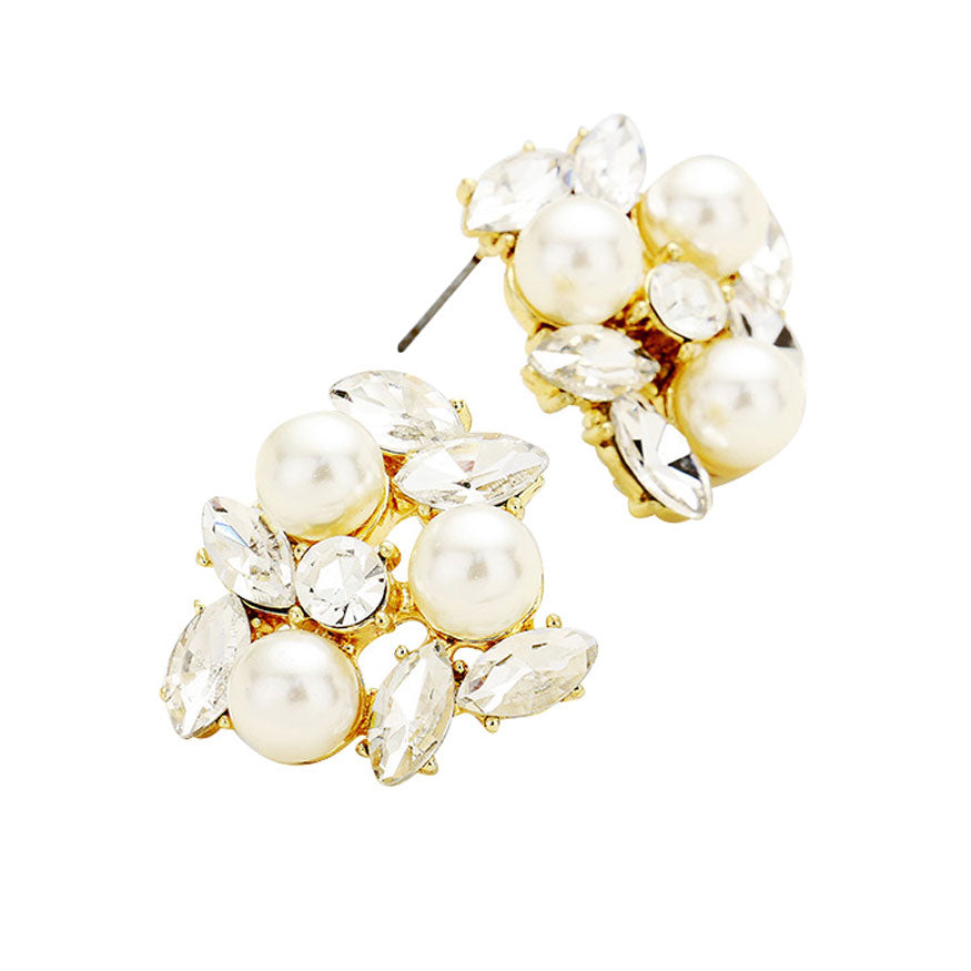 Pearl Oval Glass Crystal Cluster Earrings