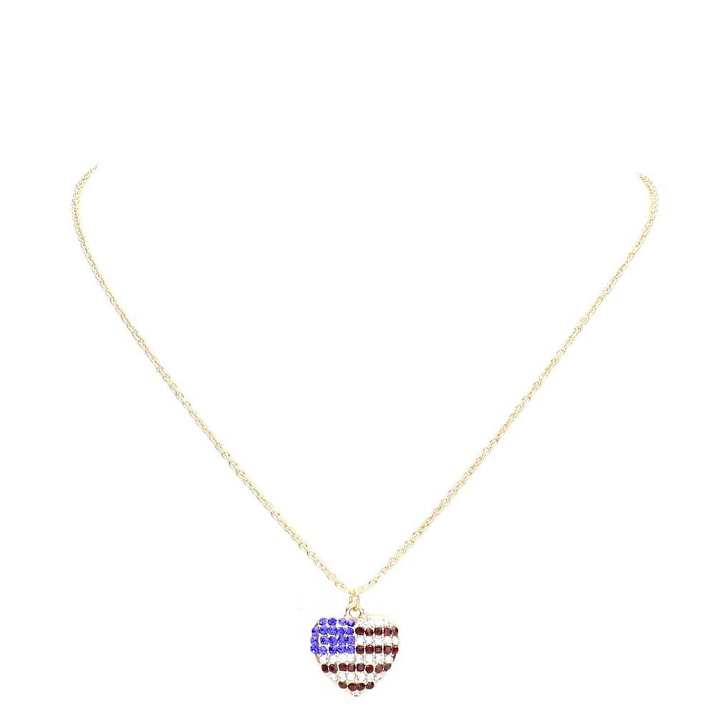 Rhinestone Embellished American USA Flag Pendant Necklace