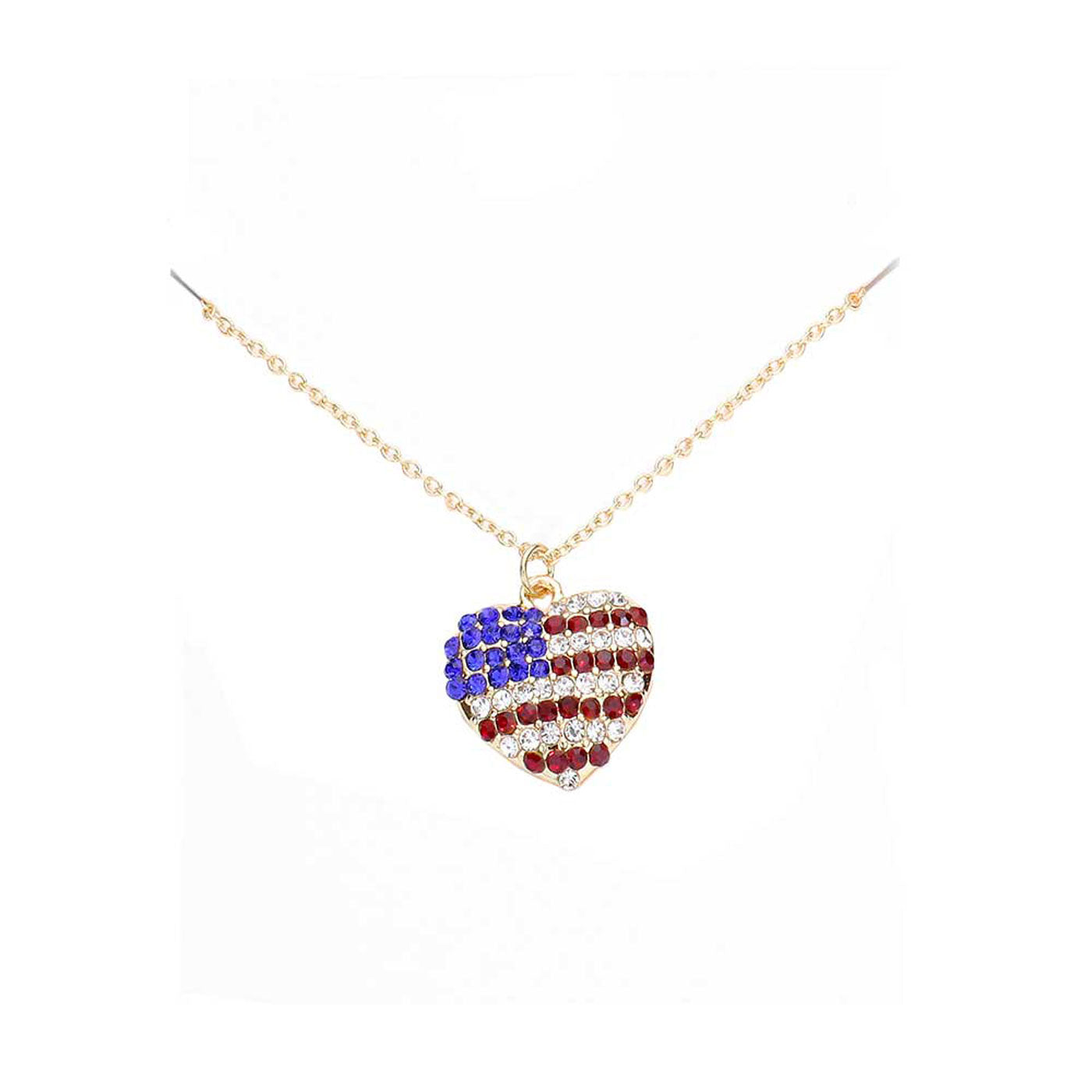 Rhinestone Embellished American USA Flag Pendant Necklace