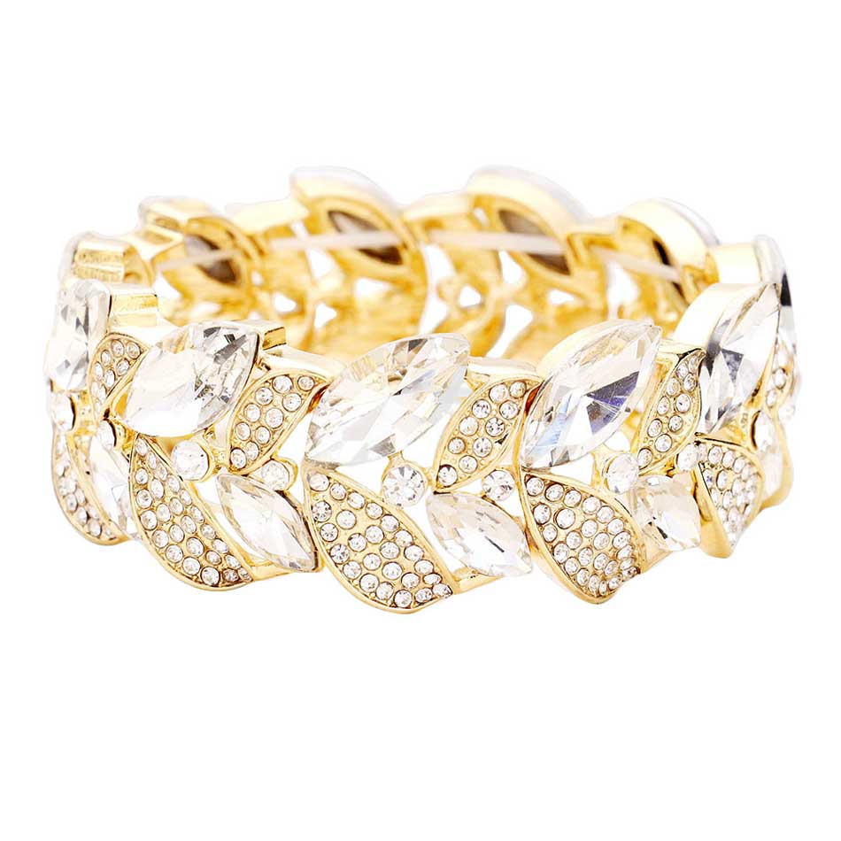 Rhinestone Pave Marquise Stone Leaf Stretch Evening Bracelet