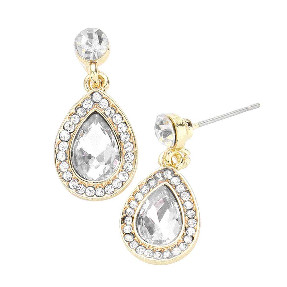 Rhinestone Trim Teardrop Stone Dangle Evening Earrings