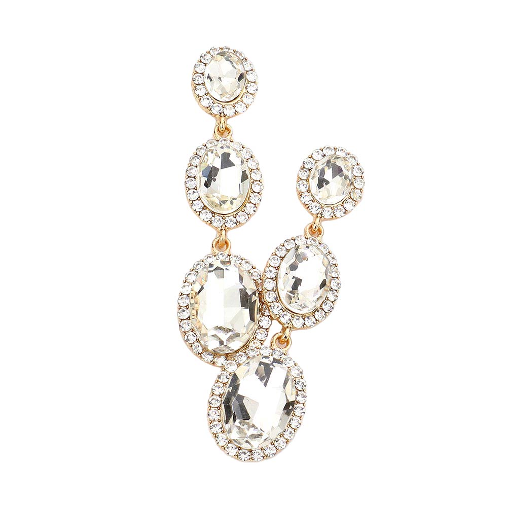 Triple Oval Glass Stone Drop Down Dangle Evening Earrings