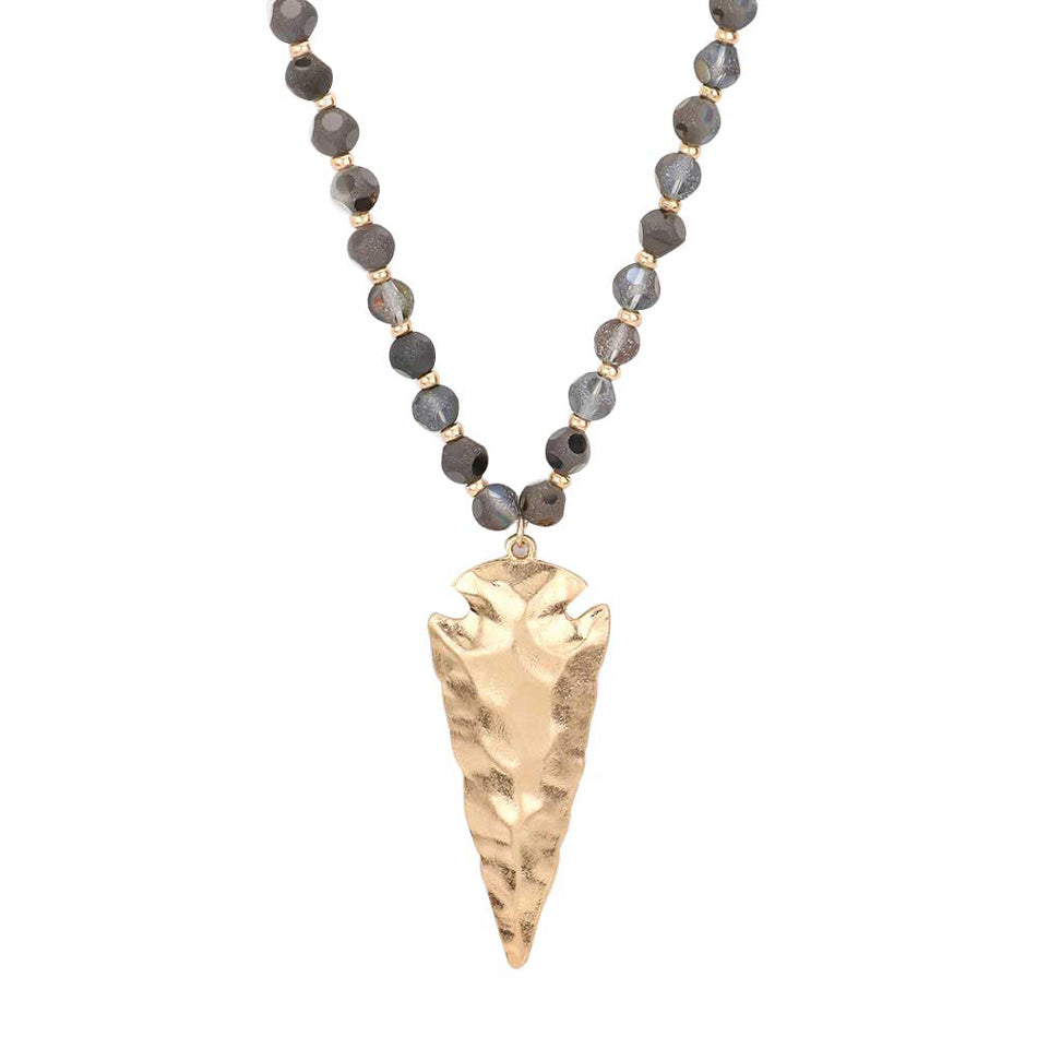 Hammered Metal Arrow Pendant Faceted Beads Long Necklace