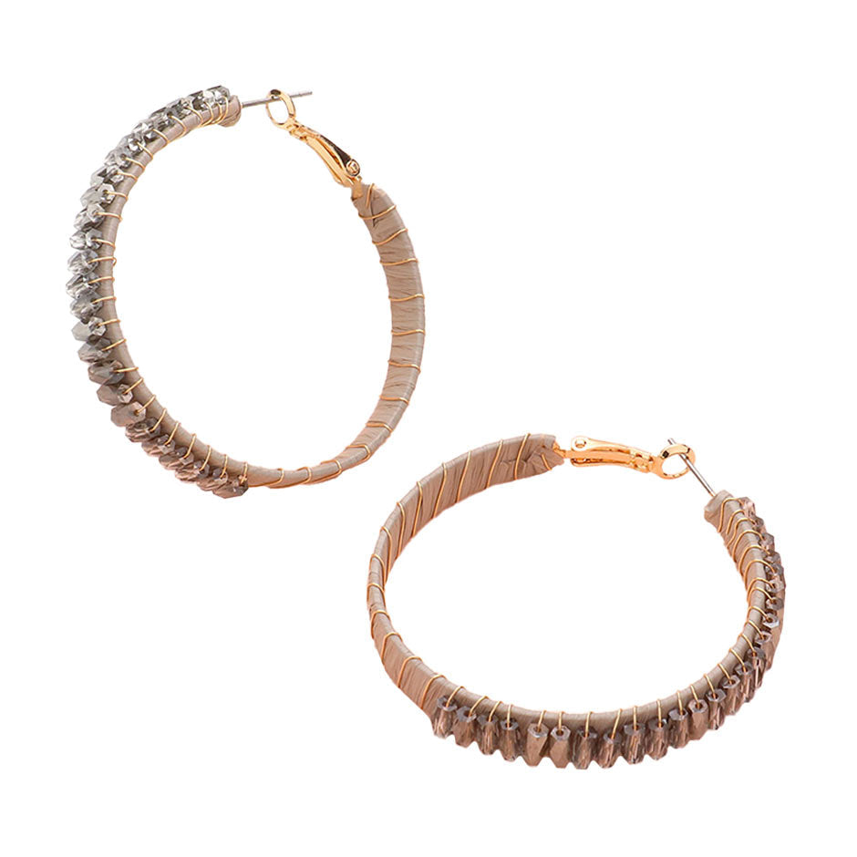 Rectangle Bead Trimmed Raffia Wrapped Hoop Earrings
