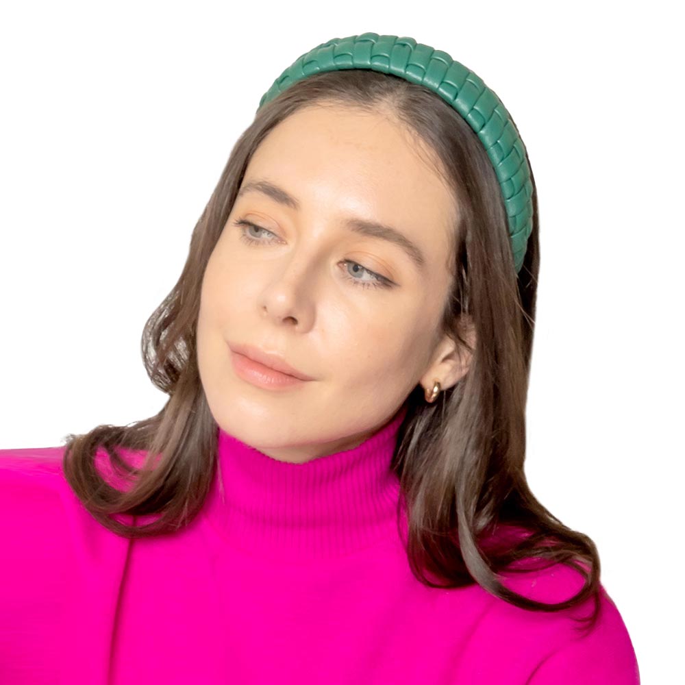 Faux Leather Padded Plaid Braided Headband