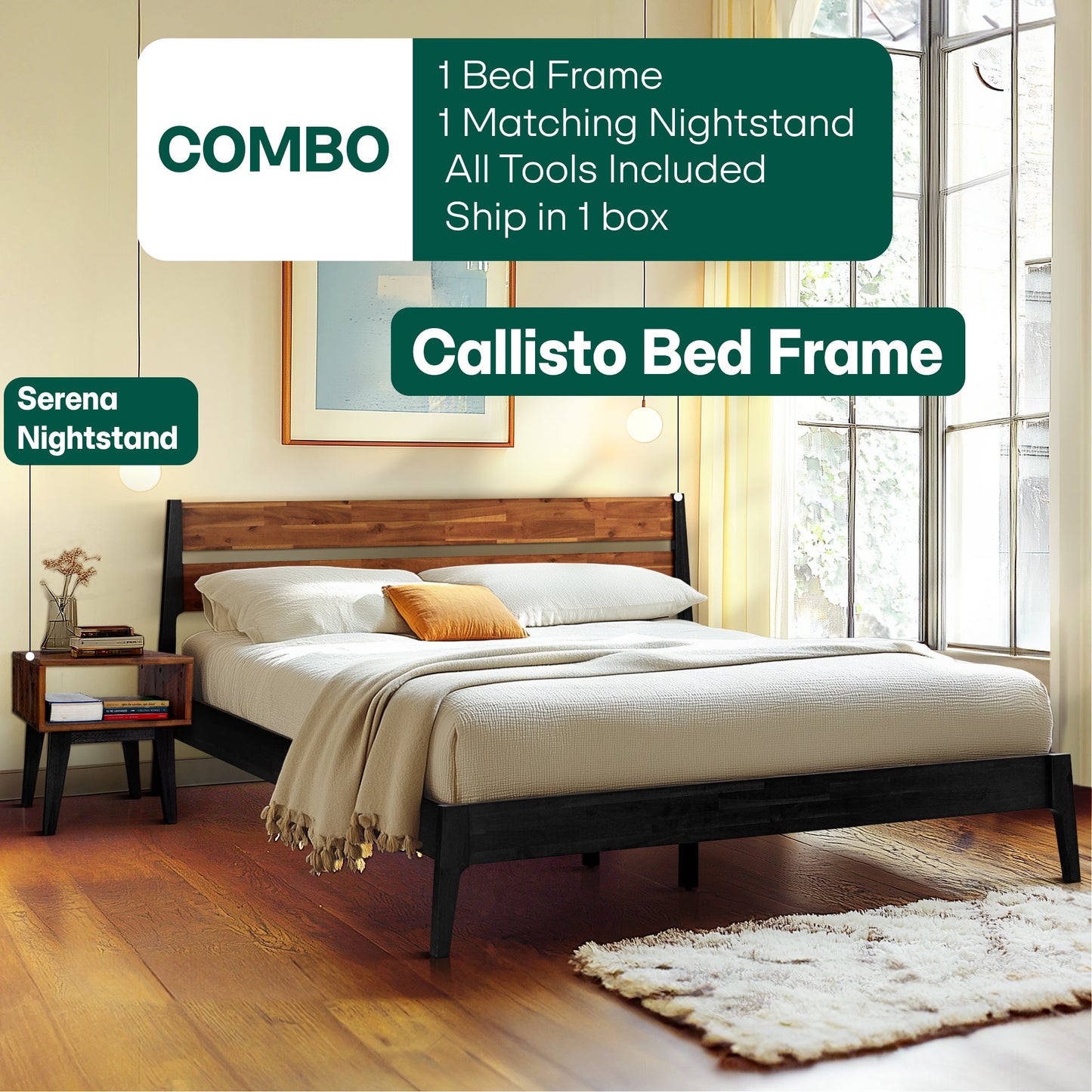 [Buy 1 Get 1] Callisto Solid Wood Bed Frame and Nightstand