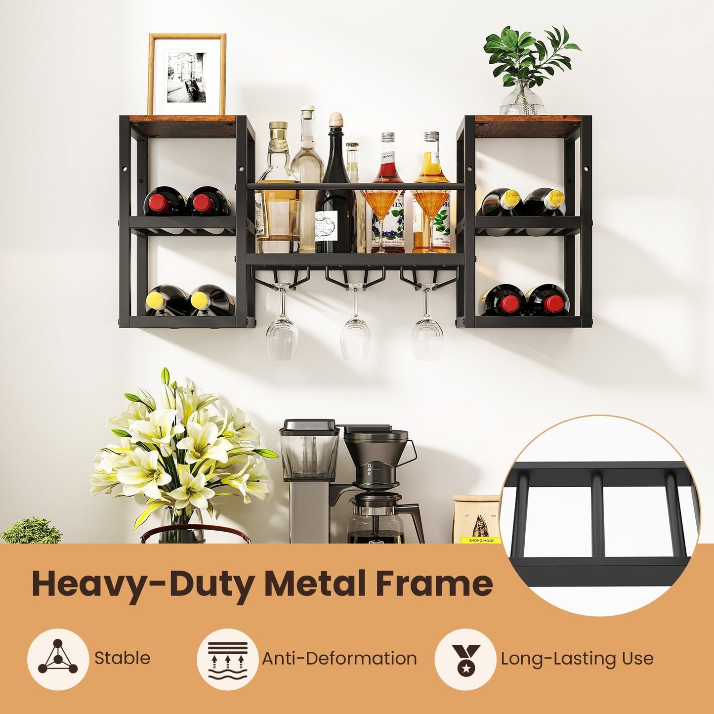 Heavy-duty Wall Mounted Wine Rack with Glass Holder Metal Frame 8-Bottle Holder-Rustic Brown