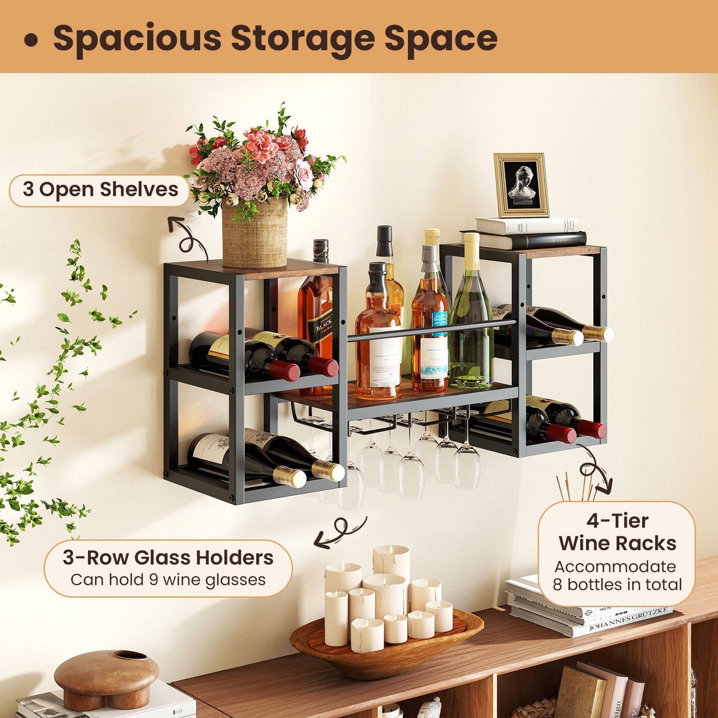 Heavy-duty Wall Mounted Wine Rack with Glass Holder Metal Frame 8-Bottle Holder-Rustic Brown
